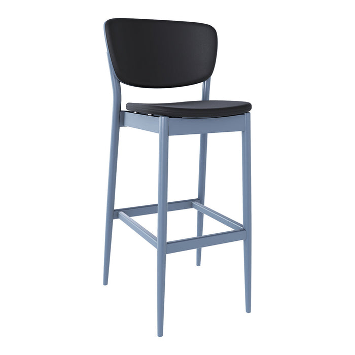 Black and light blue bar stool with a minimalist design, featuring a solid color seat and backrest.