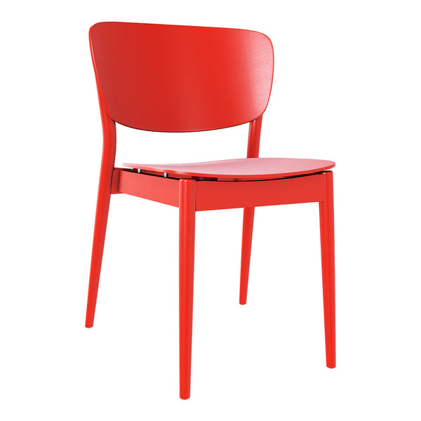 Bright red chair with a sleek, modern design and smooth, minimalist pattern. Perfect for contemporary spaces.