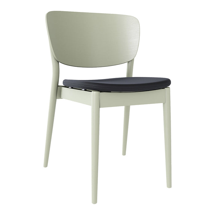 Light green chair with a smooth finish and contrasting black seat cushion, featuring a modern, minimalist design.