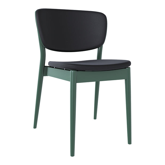 Black padded chair with a sleek green frame, featuring a minimalist design and clean lines. Perfect for modern decor.