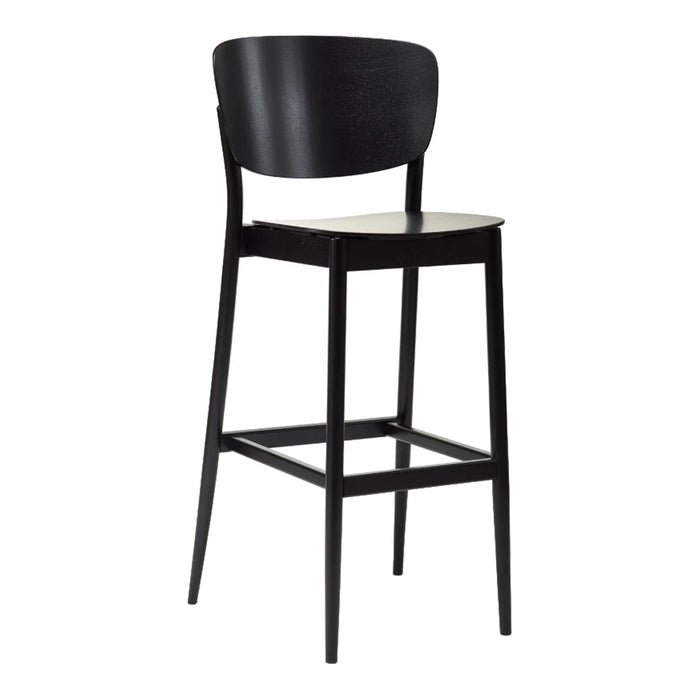 Black wooden bar stool with a smooth, minimalist design and curved backrest, perfect for modern decor.