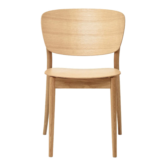Natural wood chair with a smooth, light oak finish and minimalist design, featuring a curved back and simple lines.