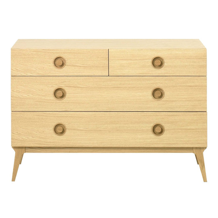Light wood dresser with natural finish, featuring smooth lines and round, wooden knobs for a modern look.