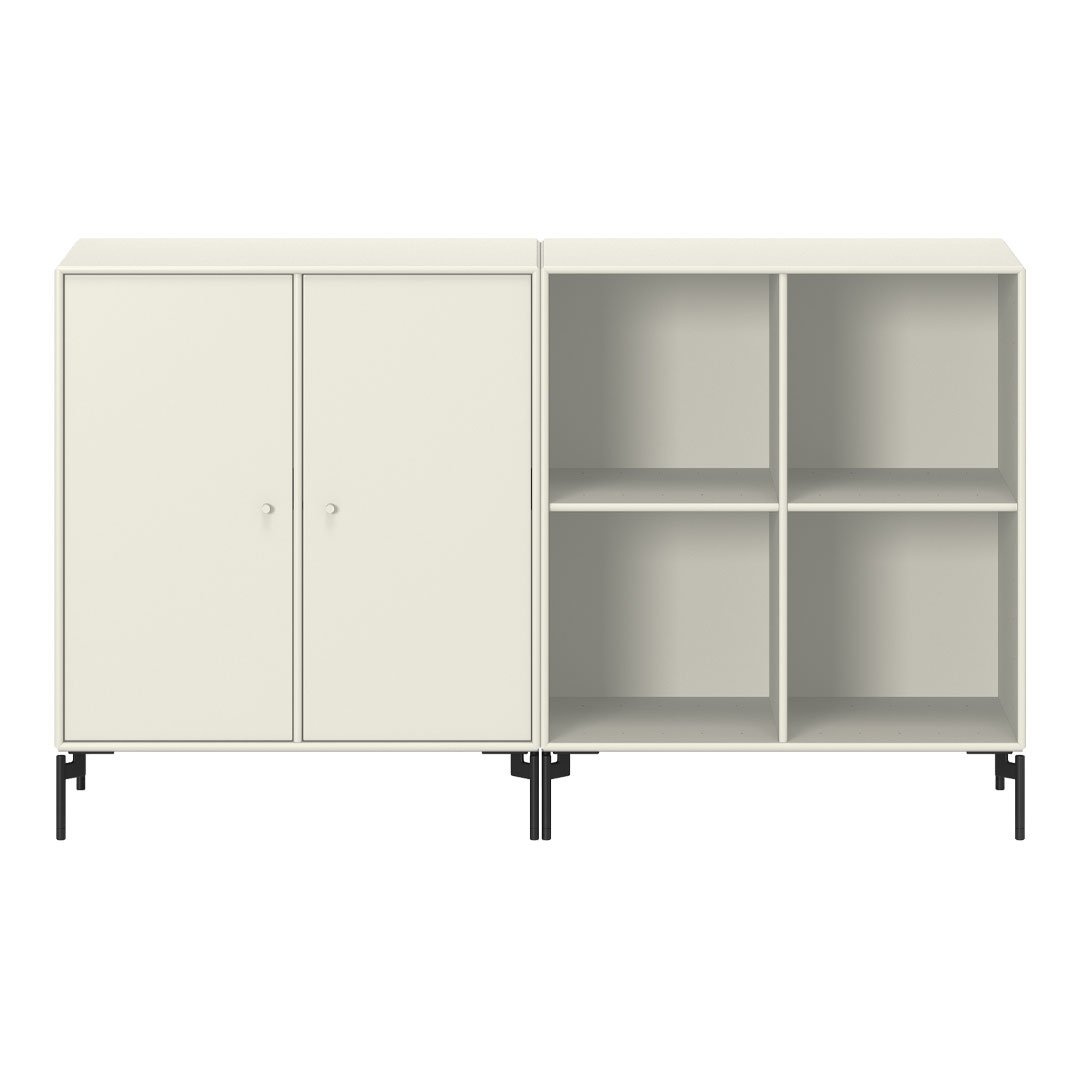 Modern light beige cabinet with a sleek design, featuring four open shelves and two closed doors, accented by black legs.