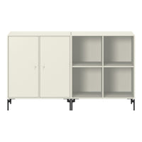 Modern light beige cabinet with a sleek design, featuring four open shelves and two closed doors, accented by black legs.