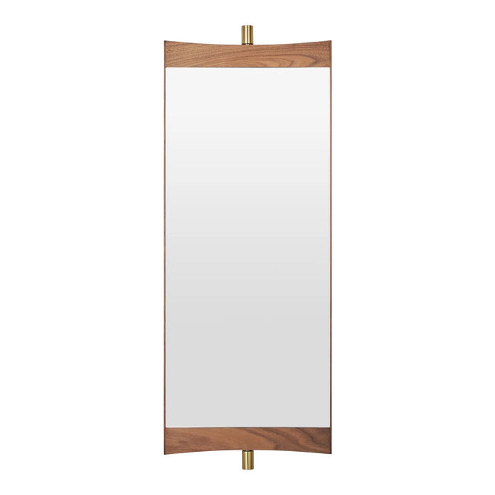 Elegant rectangular mirror with warm walnut wood frame and subtle brass accents, featuring a sleek, modern design.