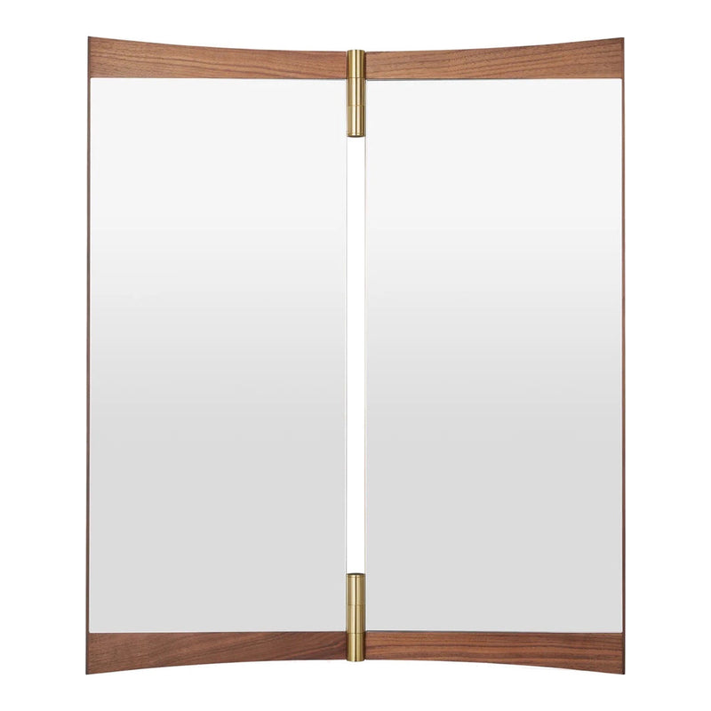 Wooden-framed mirror with a curved design, featuring a warm walnut finish and sleek brass accents.