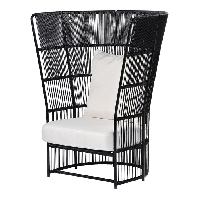 Black wicker chair with high back and cream cushion, featuring a sleek, modern pattern. Ideal for stylish interiors.
