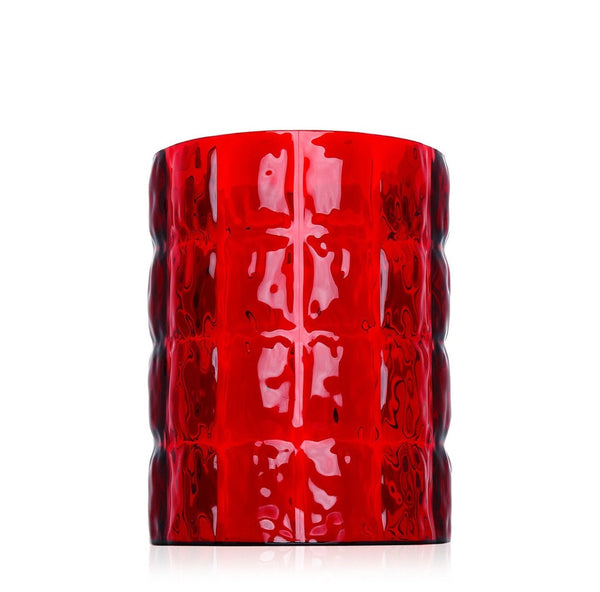 Vibrant red glass vase with a textured, faceted surface pattern. Ideal for bold decor accents.