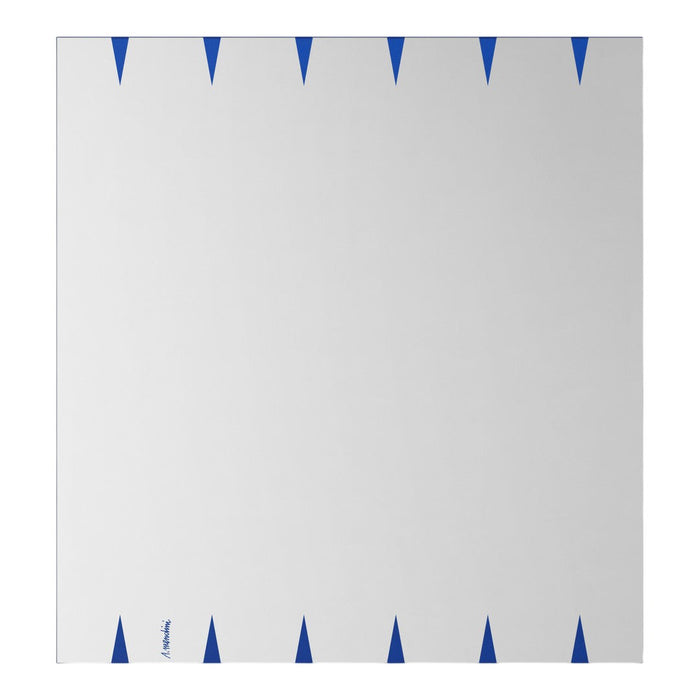 White background with alternating blue triangular patterns along the edges, creating a modern, stylish look.