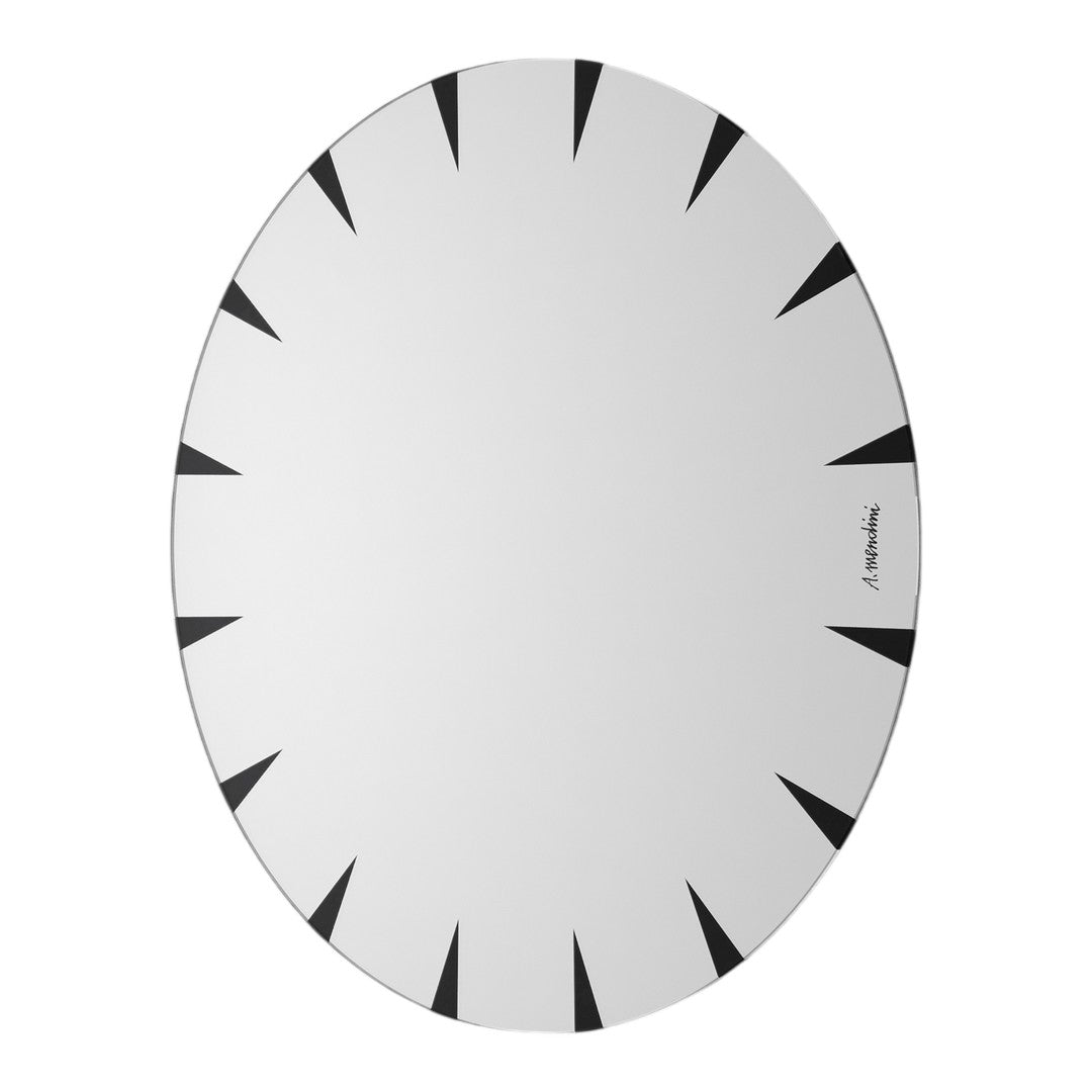 Oval mirror with a sleek white surface and bold black triangular accents. Perfect for modern decor.