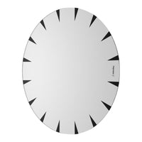 Oval mirror with a sleek white surface and bold black triangular accents. Perfect for modern decor.