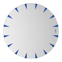Round white plate featuring vibrant blue triangular patterns along the edge.