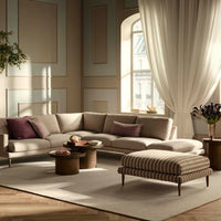 Beige sectional sofa with plum cushions, striped ottoman, and wooden accents against a light, airy room.
