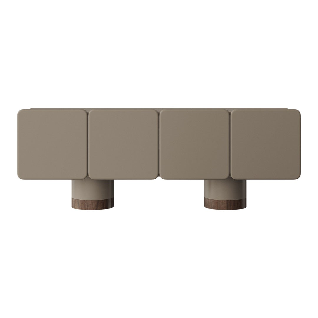 Modern coffee table in soft taupe with sleek matte finish and contrasting light wood legs. Minimalist design.