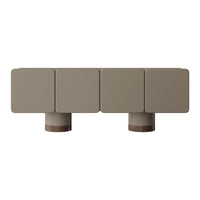 Modern coffee table in soft taupe with sleek matte finish and contrasting light wood legs. Minimalist design.