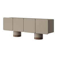 Beige modern sideboard with smooth square panels and round wooden legs, featuring a minimalist design.