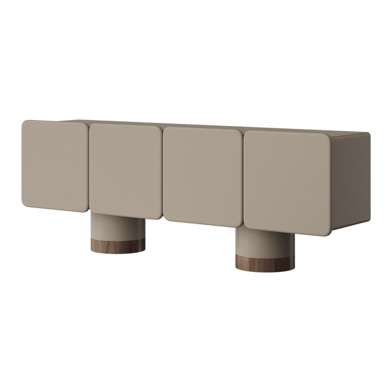 Beige modern sideboard with smooth square panels and round wooden legs, featuring a minimalist design.