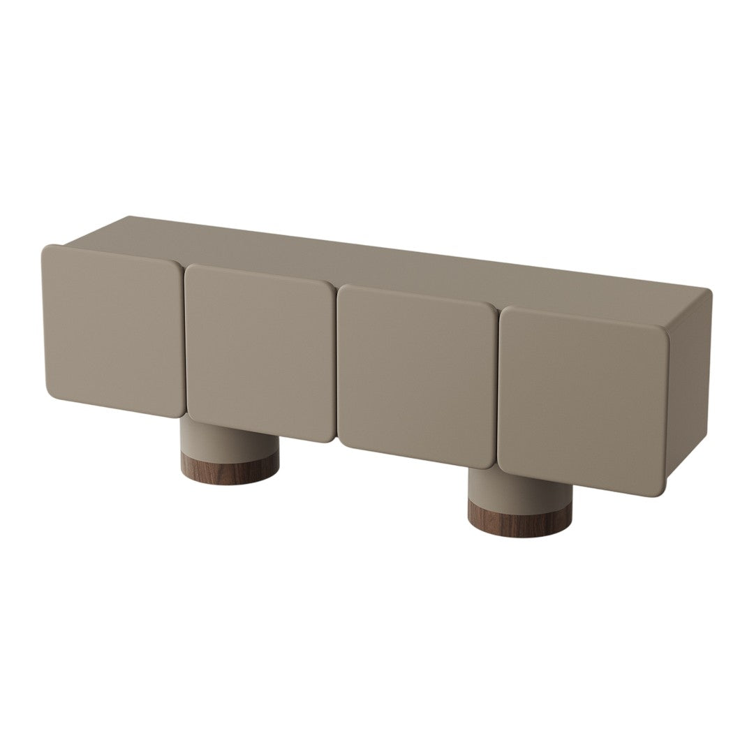 Stylish beige storage bench with smooth, minimalist design and subtle wood accents, perfect for modern decor.