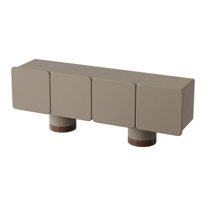 Stylish beige storage bench with smooth, minimalist design and subtle wood accents, perfect for modern decor.