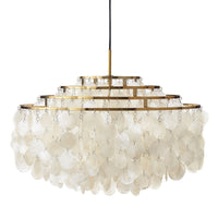 Elegant white shell chandelier with gold accents, featuring layered, circular patterns for a modern touch.