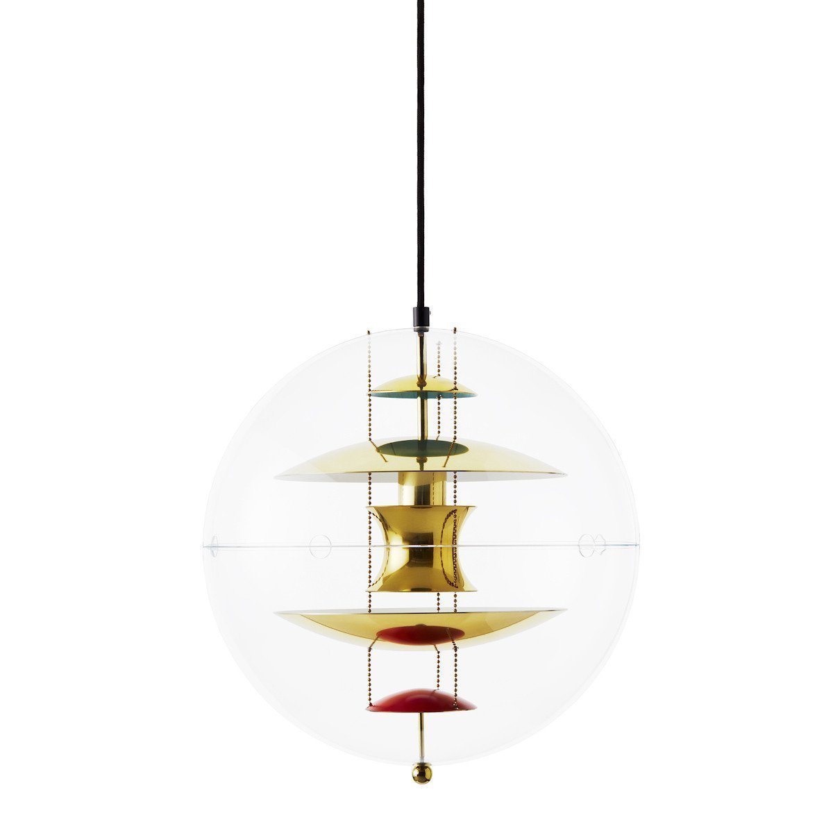 Gold, green, red, and clear patterns create a modern pendant lamp design, featuring layered elements and sleek lines.