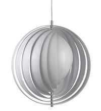 Modern white pendant light with layered circular design and glossy finish, perfect for contemporary decor.