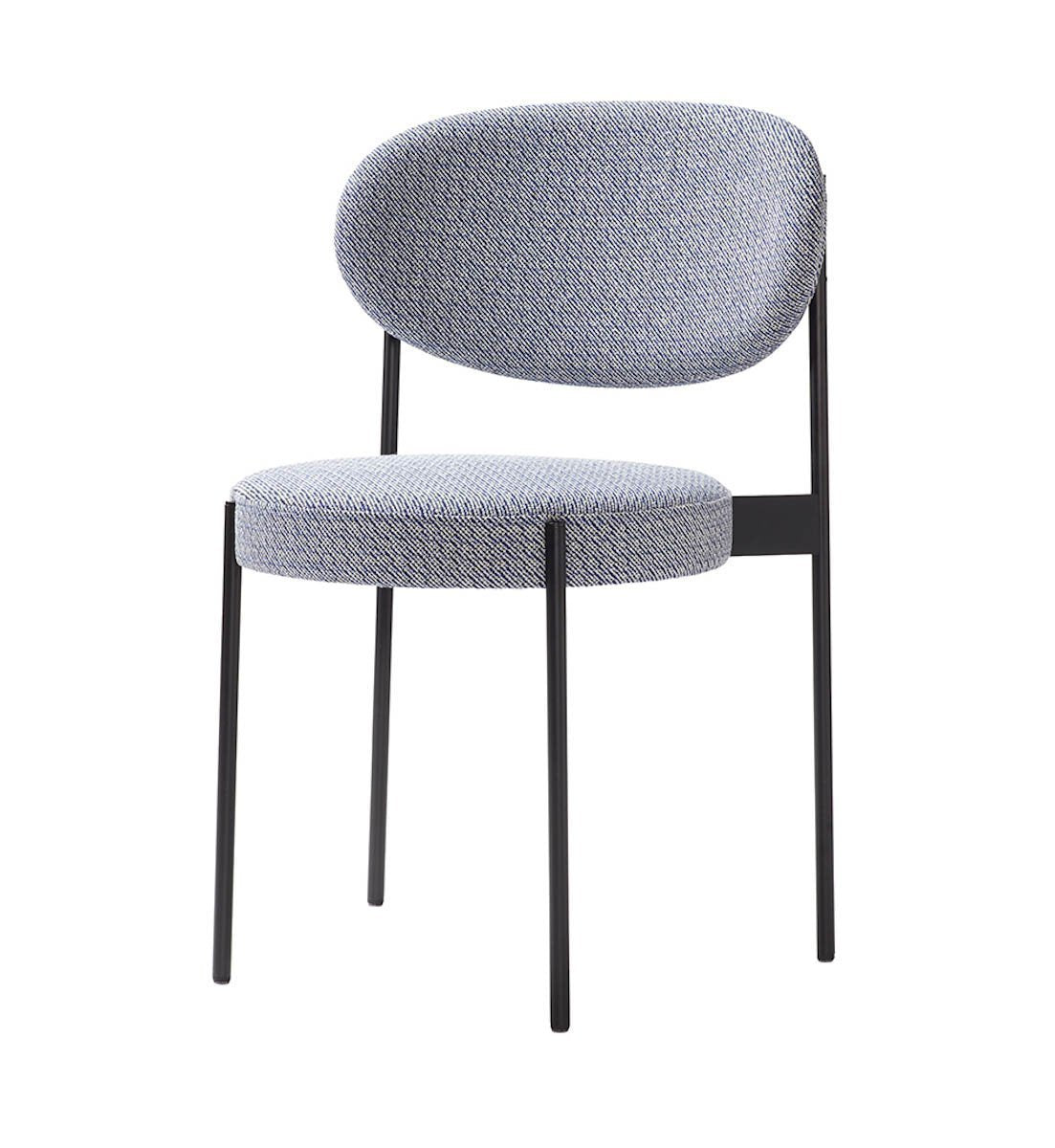 Blue and gray patterned upholstered chair with a sleek black metal frame. Ideal for modern interiors.