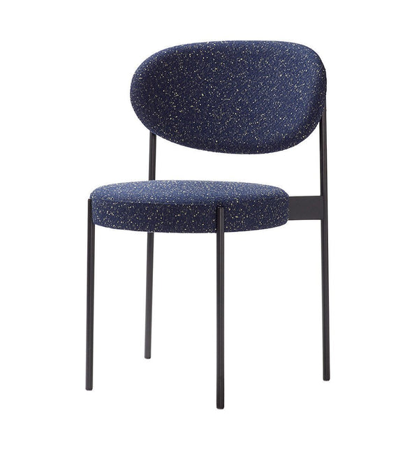 Navy blue chair with speckled pattern and black metal legs, modern design for stylish interiors.