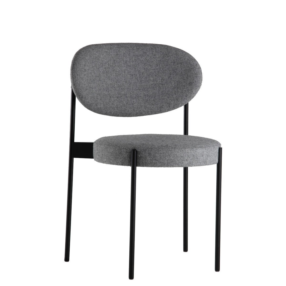 Gray upholstered chair with a rounded back and black metal legs, featuring a smooth, minimalist design.