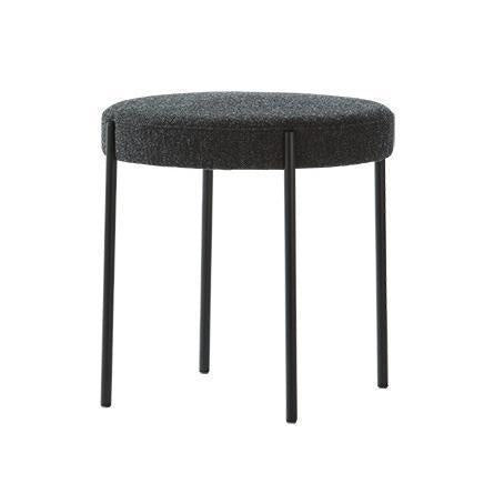Round gray upholstered stool with black legs, featuring a textured finish and minimalist design. Ideal for modern decor.