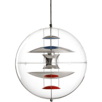 Modern pendant light featuring clear glass, metallic silver, and colorful blue and red curved patterns.