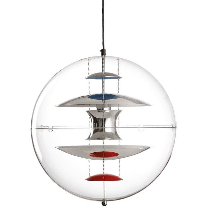 Modern pendant light featuring clear glass, metallic silver, and colorful blue and red curved patterns.