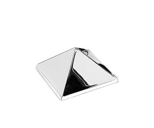 Shiny silver pyramid-shaped paperweight with a sleek, reflective surface and angular design.