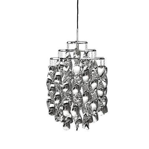 Silver metallic pendant light with a twisted pattern, showcasing a modern, chic design. Perfect for stylish interiors.
