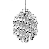 Stylish silver pendant chandelier with intricate geometric patterns and a modern design, perfect for any decor.