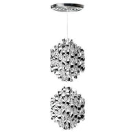 "Modern pendant light featuring intricate black and white patterns with a sleek chrome finish."