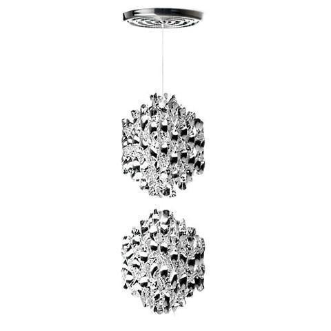 "Modern pendant light featuring intricate black and white patterns with a sleek chrome finish."