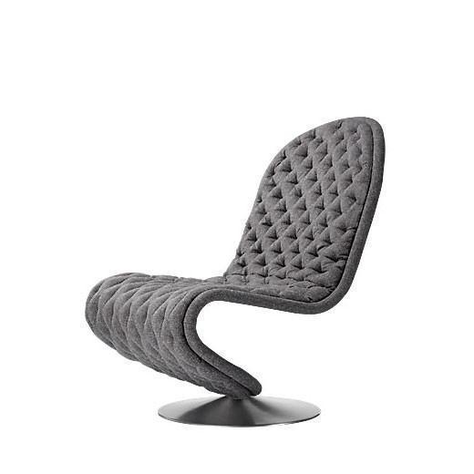 Gray quilted chair with a modern design and smooth black metal base, featuring a stylish curved silhouette.
