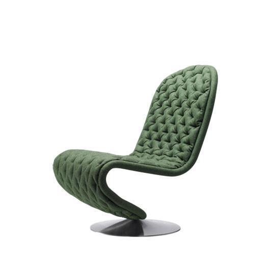 Green quilted lounge chair with a modern design, featuring a sleek metallic base and textured fabric.