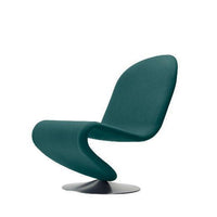 Teal fabric lounge chair with smooth curves, mounted on a sleek black circular base.