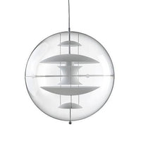 Modern clear glass pendant light with layered white shades, featuring a sleek, minimalist design.
