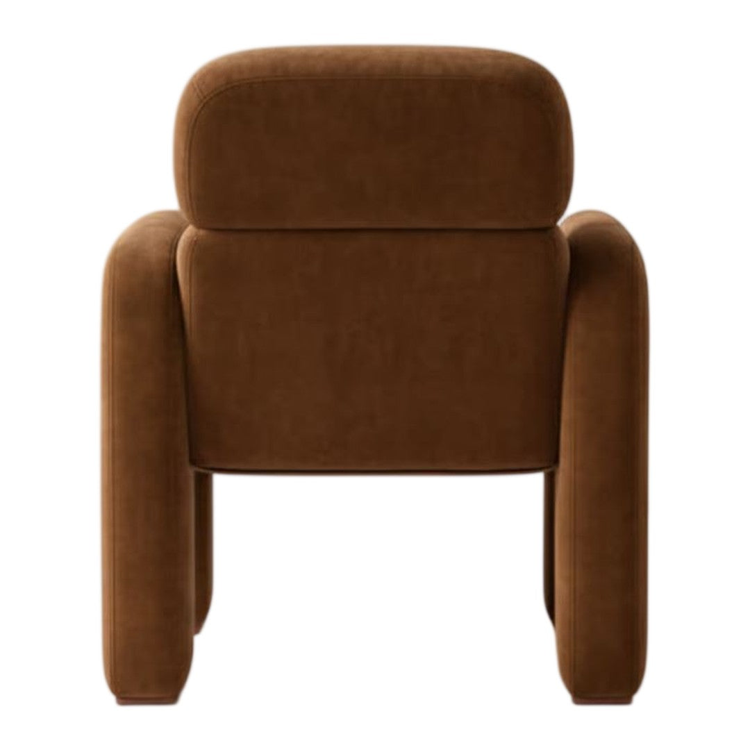 Brown velvet chair with a smooth texture and rounded edges, ideal for modern decor.