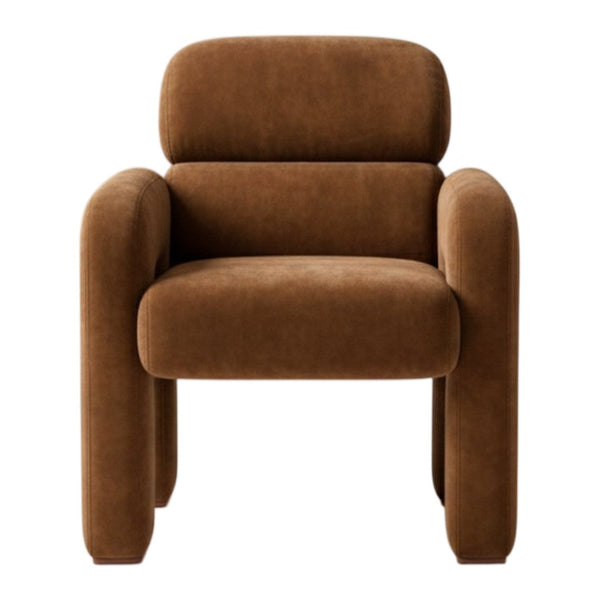 Brown upholstered chair with a smooth, modern design and rounded edges. Perfect for contemporary interiors.