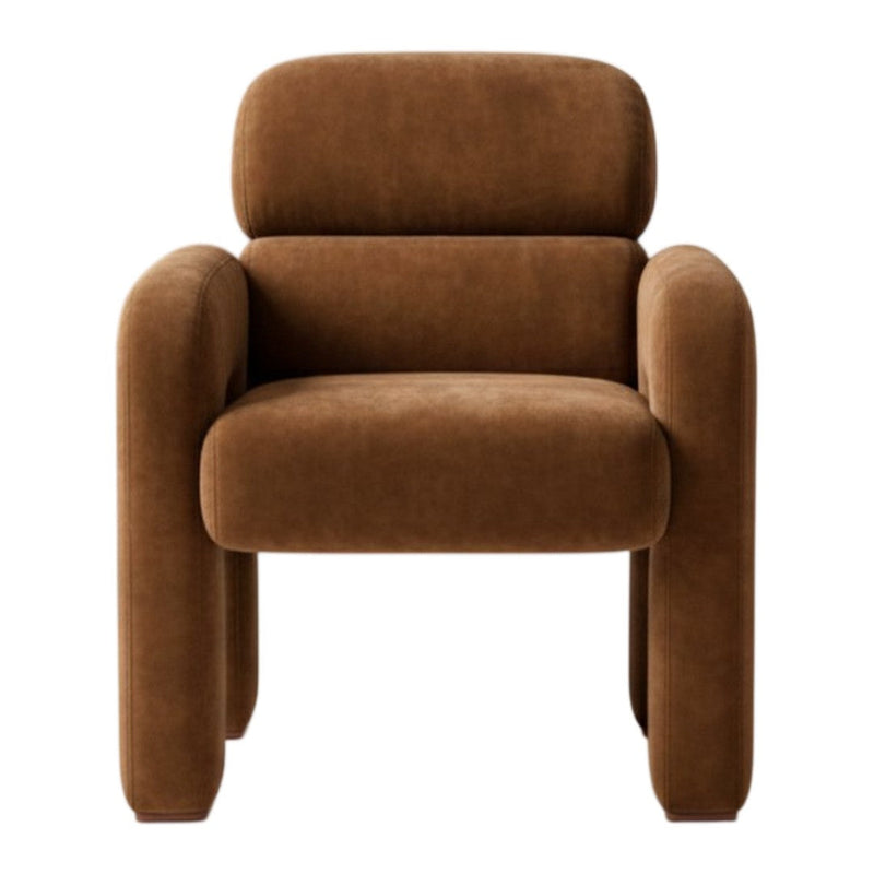 Brown upholstered chair with a smooth, modern design and rounded edges. Perfect for contemporary interiors.