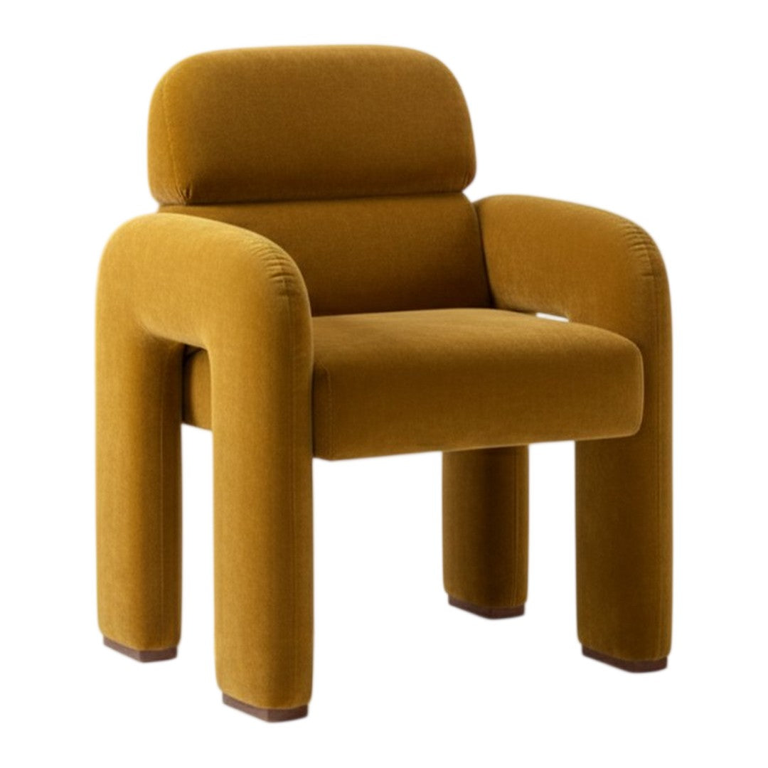 Mustard yellow upholstered chair with a modern, geometric design and soft, rounded edges. Perfect for stylish interiors.