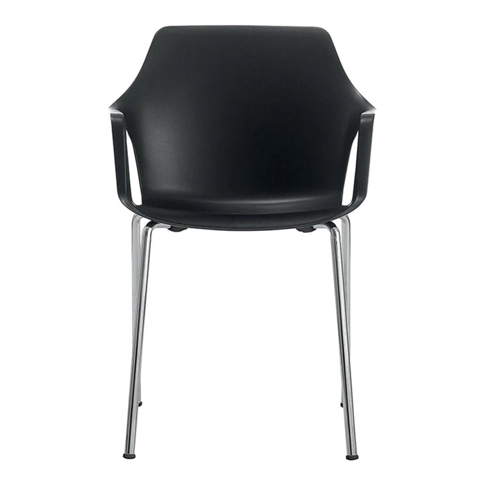 Black chair with sleek design, featuring a smooth plastic seat and shiny chrome legs. Minimalist and modern look.