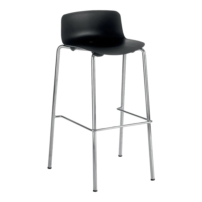 Black bar stool with a sleek, minimalist design and shiny chrome legs, ideal for modern spaces.