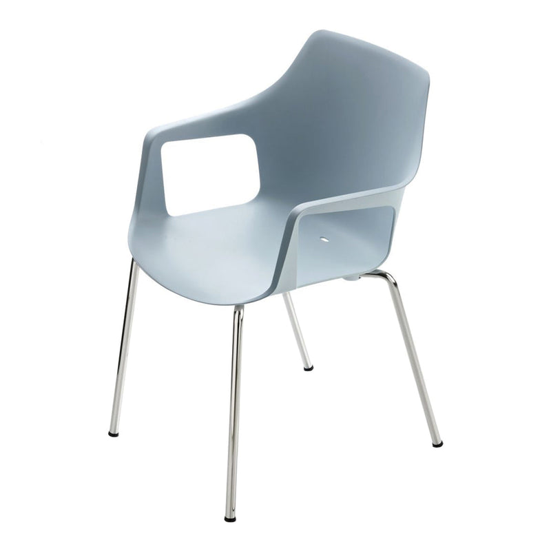 Light blue plastic chair with sleek, modern design and shiny silver legs, perfect for contemporary settings.