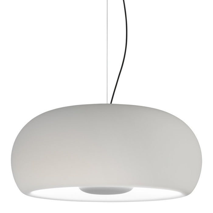 White, rounded pendant lamp with a smooth matte finish and a sleek black hanging cord.